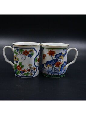 Takahashi Mugs Set of 2 Imari Lotus Floral Japan Porcelain Vintage
